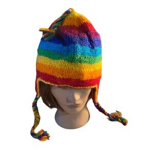 Vibrant Himalayan Wool striped red blue green yellow ski hat tassels Beanie